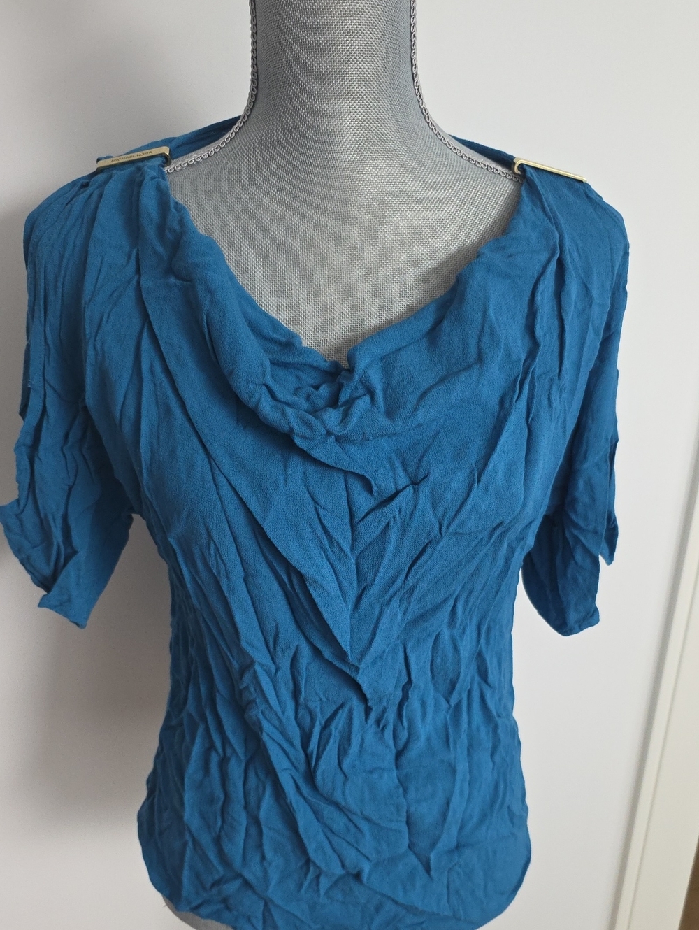 Michael Kors Teal Blue Draped Short Sleeve Top with Shoulder Accents
